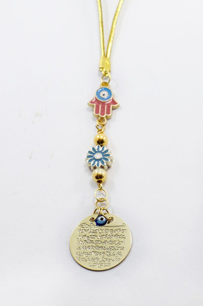 Renkli Hamse Çiçek Aksesuarlı Gold Renkli Metal Ayetel Kürsi Araba Dikiz Ayna Süsü, Araba Hediyesi