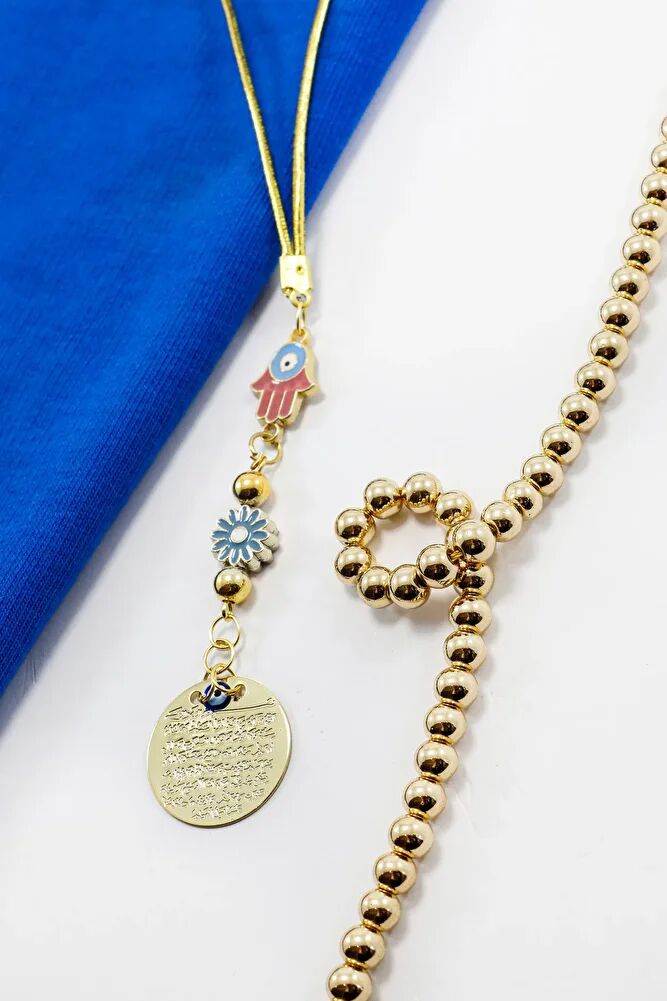 Renkli Hamse Çiçek Aksesuarlı Gold Renkli Metal Ayetel Kürsi Araba Dikiz Ayna Süsü, Araba Hediyesi