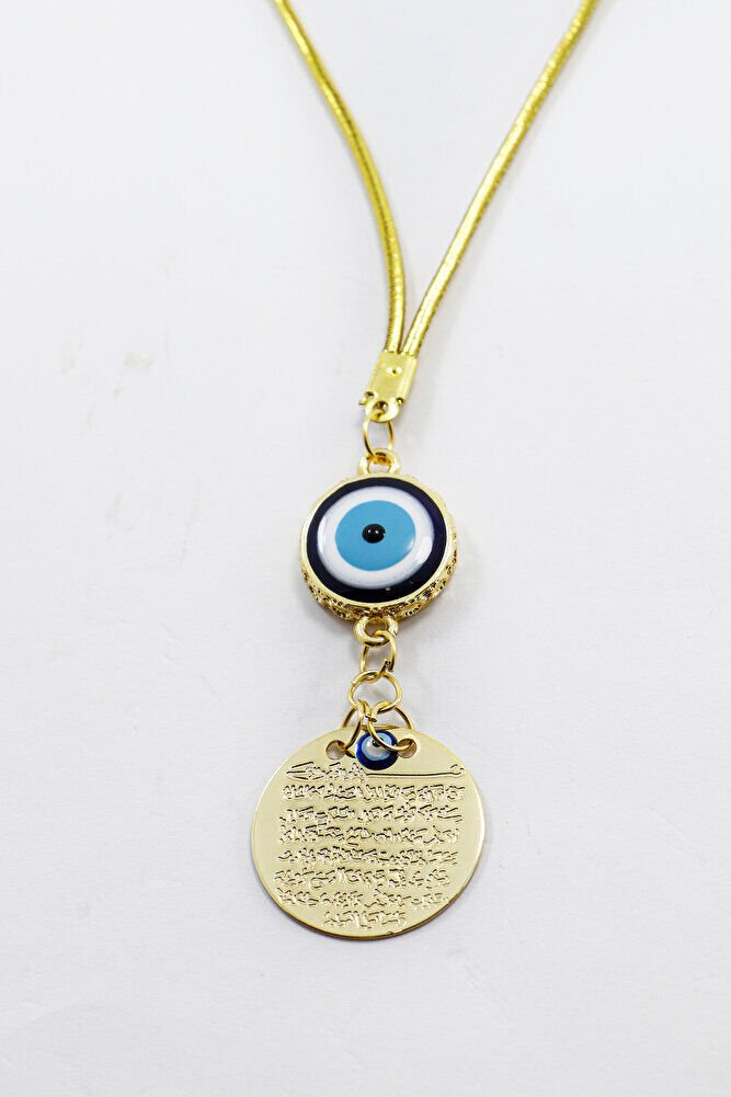 Patterned Frame Evil Eye Gold Color Metal Ayetel Kursi Car Rearview Mirror Ornament, Car Gift