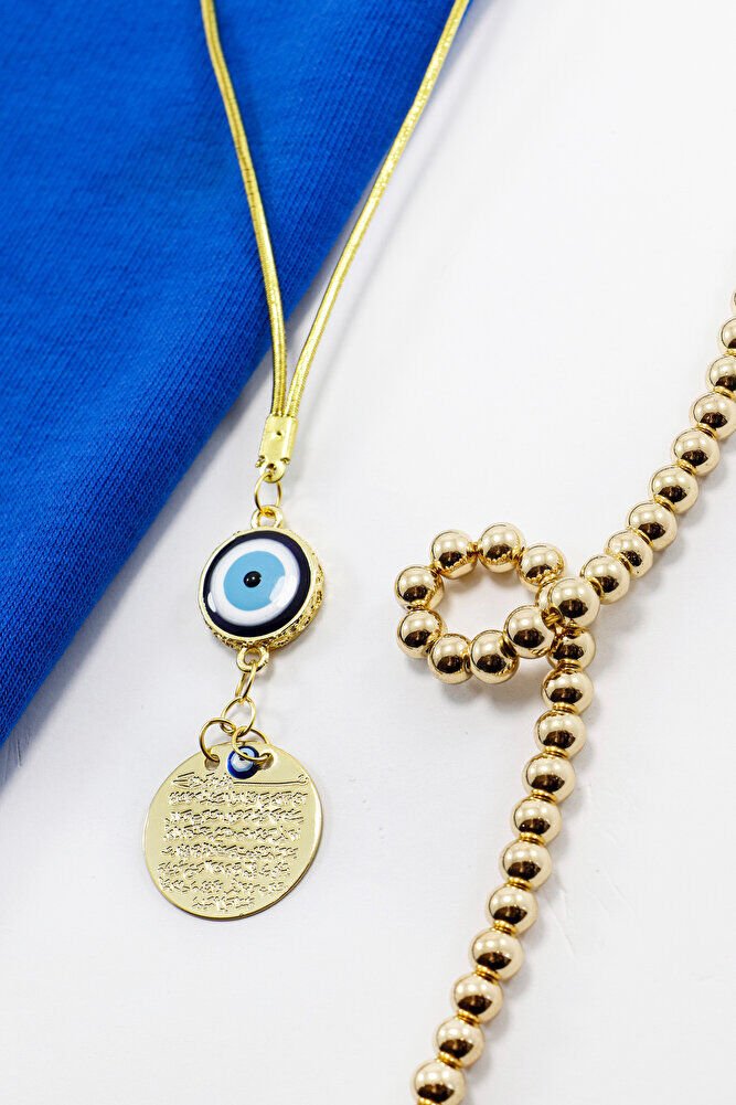 Patterned Frame Evil Eye Gold Color Metal Ayetel Kursi Car Rearview Mirror Ornament, Car Gift