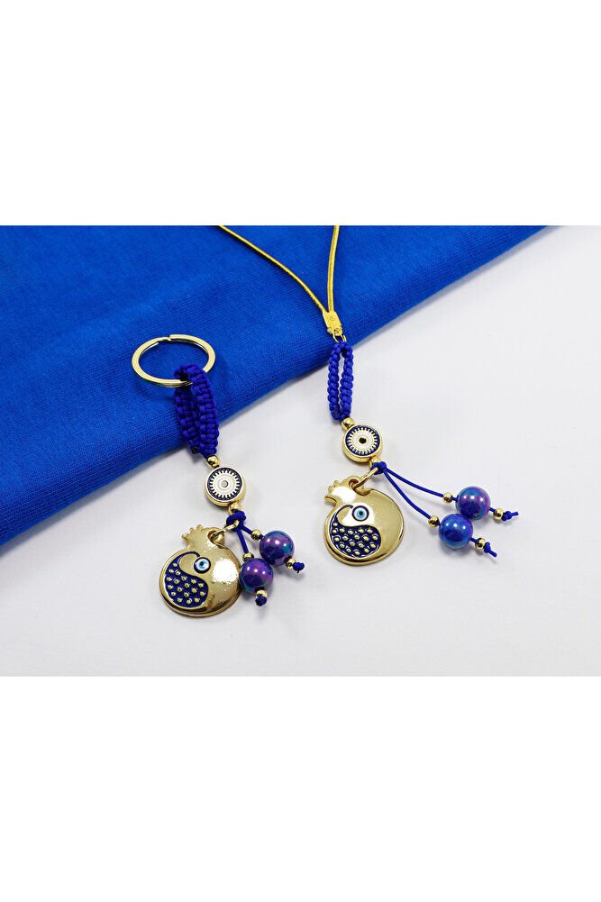 Lacivert Renkli Çerçeveli Nazar Boncuklu Desenli Nar Figürlü Anahtarlık, Dikiz Ayna Süsü 2'li Set
