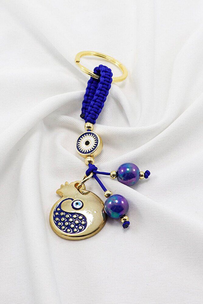 Lacivert Renkli Çerçeveli Nazar Boncuklu Desenli Nar Figürlü Anahtarlık, Dikiz Ayna Süsü 2'li Set