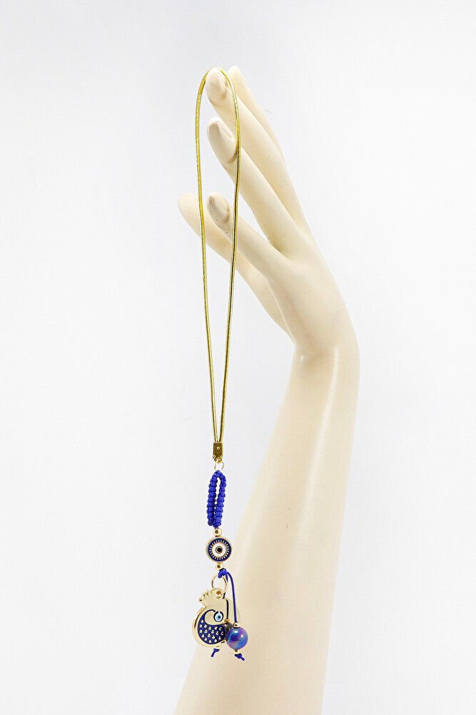 Lacivert Renkli Çerçeveli Nazar Boncuklu Desenli Nar Figürlü Anahtarlık, Dikiz Ayna Süsü 2'li Set