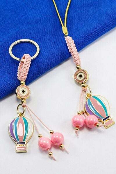 Candy Pink Framed Evil Eye Beaded Colorful Flying Balloon Cluster Keychain, Rearview Mirror Ornament Set of 2