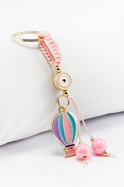 Candy Pink Framed Evil Eye Beaded Colorful Flying Balloon Cluster Keychain, Rearview Mirror Ornament Set of 2