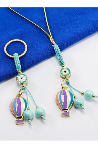 White Framed Evil Eye Beaded Colorful Flying Balloon Cluster Keychain, Rearview Mirror Ornament Set of 2