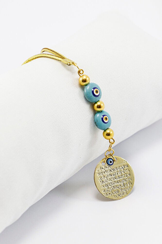 El Yapımı Mineli Turkuaz Cam Gold Renkli Metal Ayetel Kürsi Araba Dikiz Ayna Süsü, Araba Hediyesi