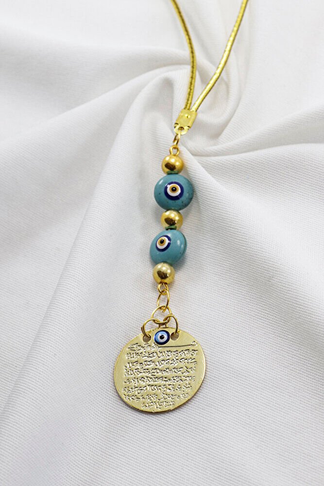 El Yapımı Mineli Turkuaz Cam Gold Renkli Metal Ayetel Kürsi Araba Dikiz Ayna Süsü, Araba Hediyesi