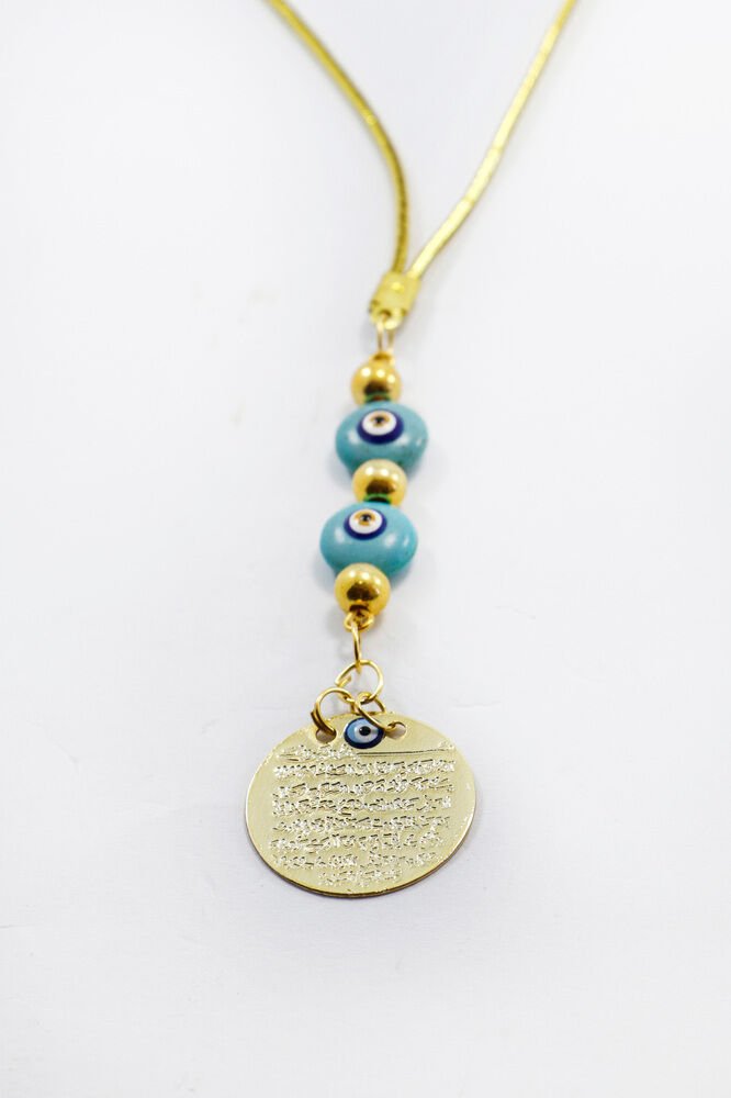 El Yapımı Mineli Turkuaz Cam Gold Renkli Metal Ayetel Kürsi Araba Dikiz Ayna Süsü, Araba Hediyesi