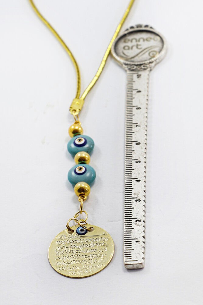 El Yapımı Mineli Turkuaz Cam Gold Renkli Metal Ayetel Kürsi Araba Dikiz Ayna Süsü, Araba Hediyesi