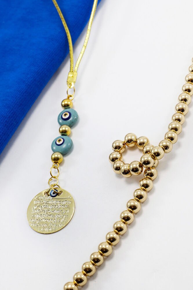 El Yapımı Mineli Turkuaz Cam Gold Renkli Metal Ayetel Kürsi Araba Dikiz Ayna Süsü, Araba Hediyesi