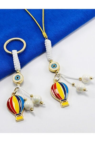White Framed Evil Eye Beaded Colorful Flying Balloon Cluster Keychain, Rearview Mirror Ornament Set of 2