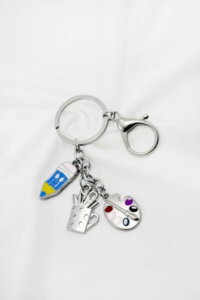 Gümüş Renkli Minyatür Boya Paleti,Kalemlik Sevimli Kalem Figürlü Anahtarlık, Hediyelik Çanta Süsü