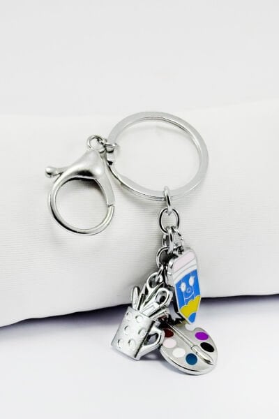 Gümüş Renkli Minyatür Boya Paleti,Kalemlik Sevimli Kalem Figürlü Anahtarlık, Hediyelik Çanta Süsü