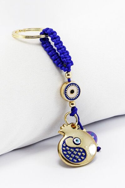 Dark Blue Framed Evil Eye Beaded Patterned Pomegranate Figured Keychain