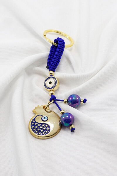 Dark Blue Framed Evil Eye Beaded Patterned Pomegranate Figured Keychain