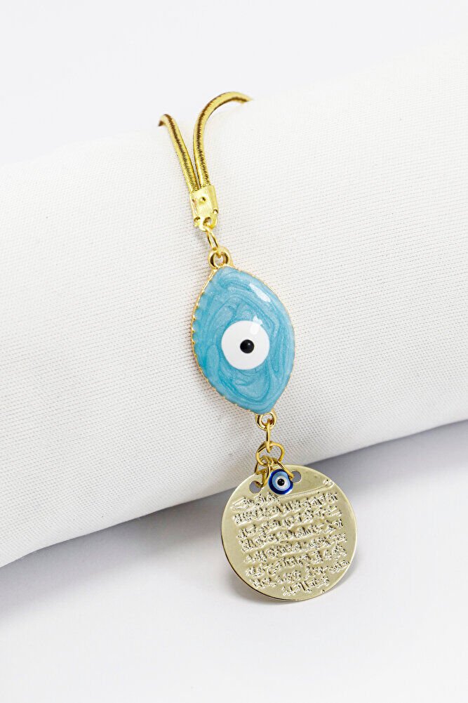 Mavi Göz Figürlü Gold Renkli Metal Ayetel Kürsi Araba Dikiz Ayna Süsü, Yeni Araba Hediyesi