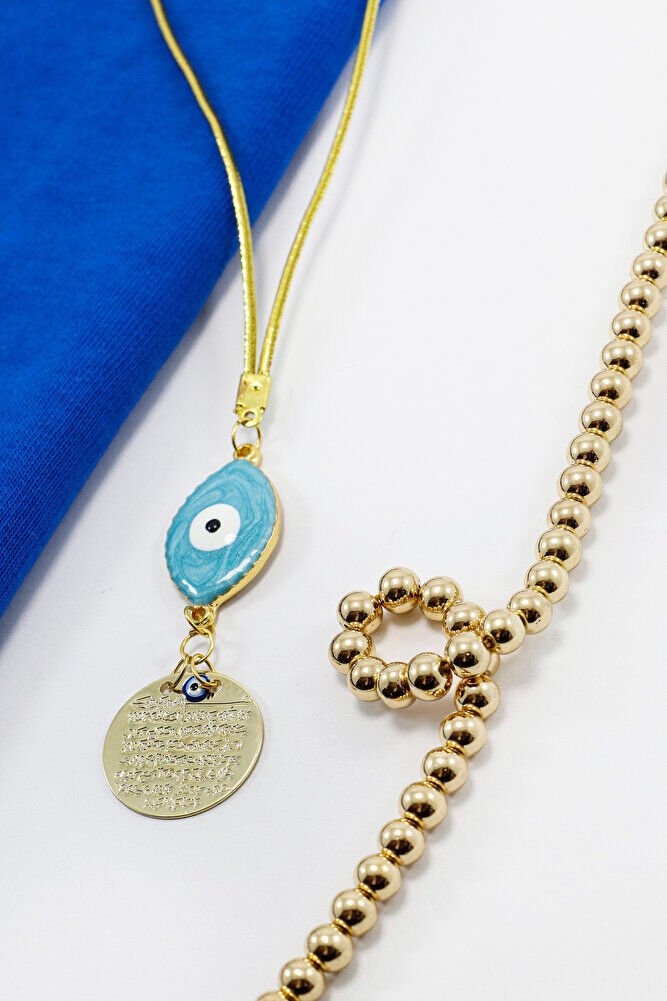 Mavi Göz Figürlü Gold Renkli Metal Ayetel Kürsi Araba Dikiz Ayna Süsü, Yeni Araba Hediyesi