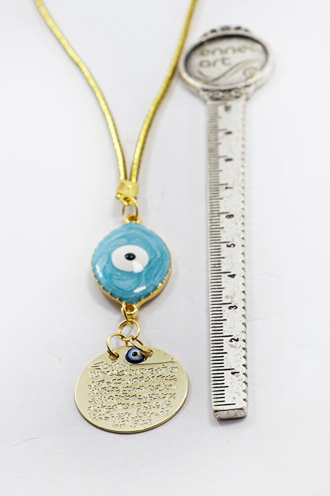 Mavi Göz Figürlü Gold Renkli Metal Ayetel Kürsi Araba Dikiz Ayna Süsü, Yeni Araba Hediyesi