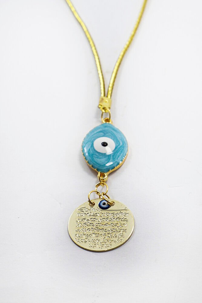 Mavi Göz Figürlü Gold Renkli Metal Ayetel Kürsi Araba Dikiz Ayna Süsü, Yeni Araba Hediyesi