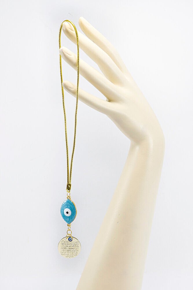 Mavi Göz Figürlü Gold Renkli Metal Ayetel Kürsi Araba Dikiz Ayna Süsü, Yeni Araba Hediyesi