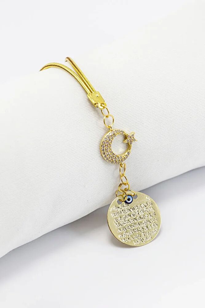 Zirkon Taşlı Ay Yıldız Gold Renkli Metal Ayetel Kürsi Araba Dikiz Ayna Süsü, Yeni Araba Hediyesi