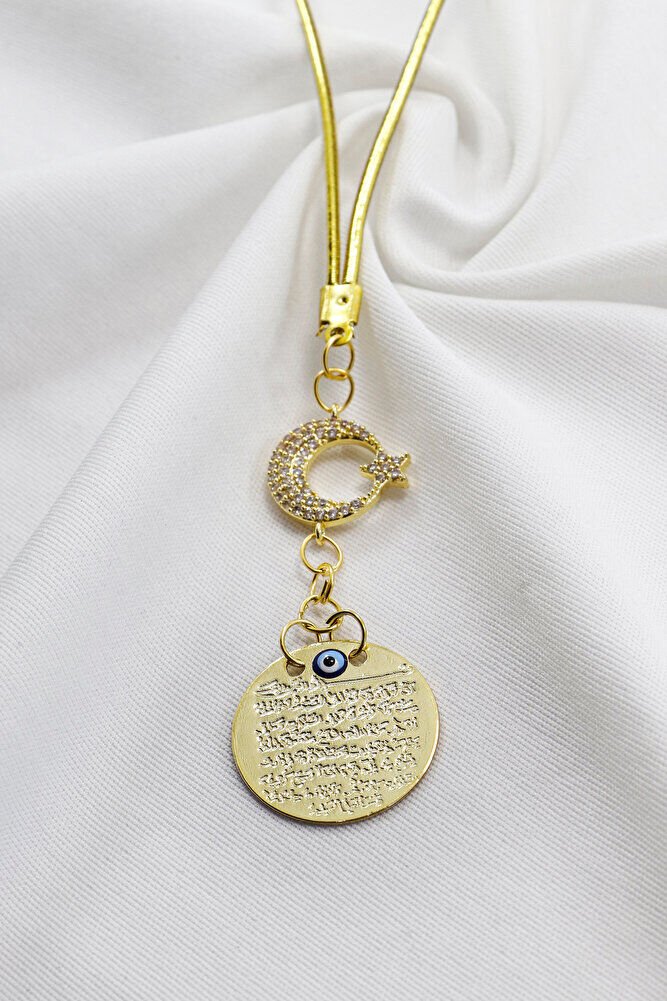 Zirkon Taşlı Ay Yıldız Gold Renkli Metal Ayetel Kürsi Araba Dikiz Ayna Süsü, Yeni Araba Hediyesi