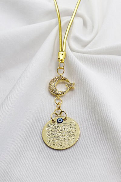 Zirkon Taşlı Ay Yıldız Gold Renkli Metal Ayetel Kürsi Araba Dikiz Ayna Süsü, Yeni Araba Hediyesi