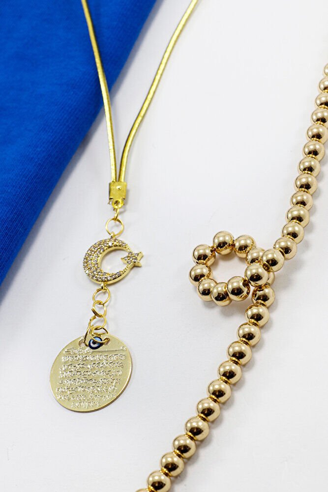 Zirkon Taşlı Ay Yıldız Gold Renkli Metal Ayetel Kürsi Araba Dikiz Ayna Süsü, Yeni Araba Hediyesi