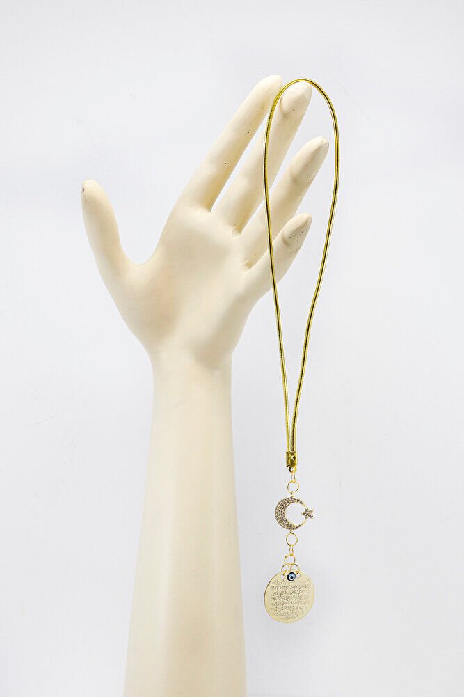 Zirkon Taşlı Ay Yıldız Gold Renkli Metal Ayetel Kürsi Araba Dikiz Ayna Süsü, Yeni Araba Hediyesi