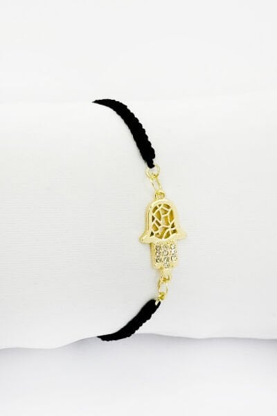 Parlak Taş Detaylı Hamse Eli Siyah İpli Asansörlü Ayarlanabilir Bileklik, Hediyelik Bileklik