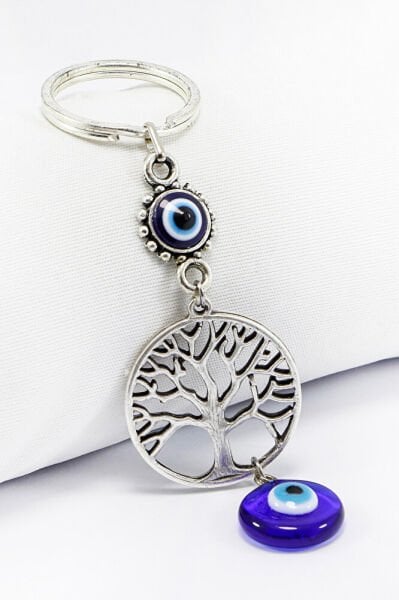 Handmade Metal Tree of Life Keychain with Glass Evil Eye Beads, Evil Eye Bag Ornament for Gifts
