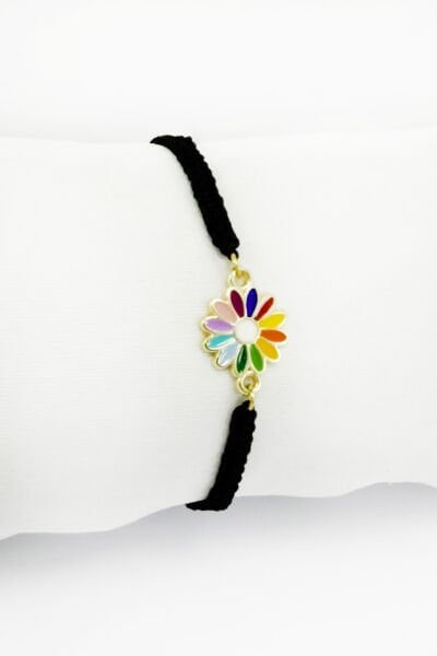 Renkli Papatyalı Siyah İpli Asansörlü Ayarlanabilir Bileklik, Hediyelik Bileklik