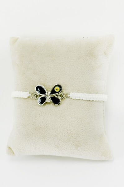 Lacivert Nazar Detaylı Kelebekli Beyaz İpli Asansörlü Ayarlanabilir Bileklik, Hediyelik Bileklik