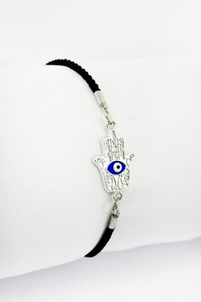 Gümüş Renkli Nazarlı Hamse Eli Siyah İpli Ayarlanabilir Bileklik, Hediyelik Bileklik