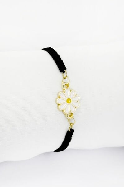 Beyaz Papatyalı Siyah İpli Asansörlü Ayarlanabilir Bileklik, Hediyelik Bileklik