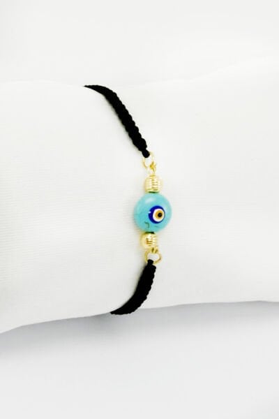 Turkuaz Nazar Boncuklu Siyah İpli Asansörlü Ayarlanabilir Bileklik, Hediyelik Bileklik