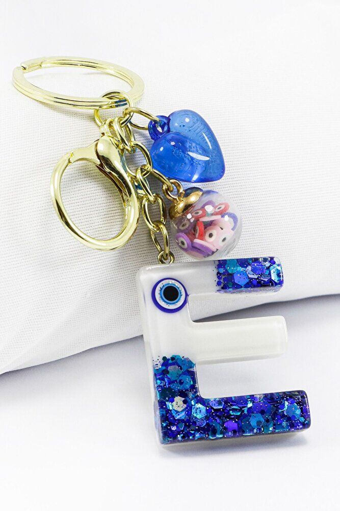 Renkli Epoksi E Harfi Anahtarlık, Hediyelik Nazarlı Çanta Süsü