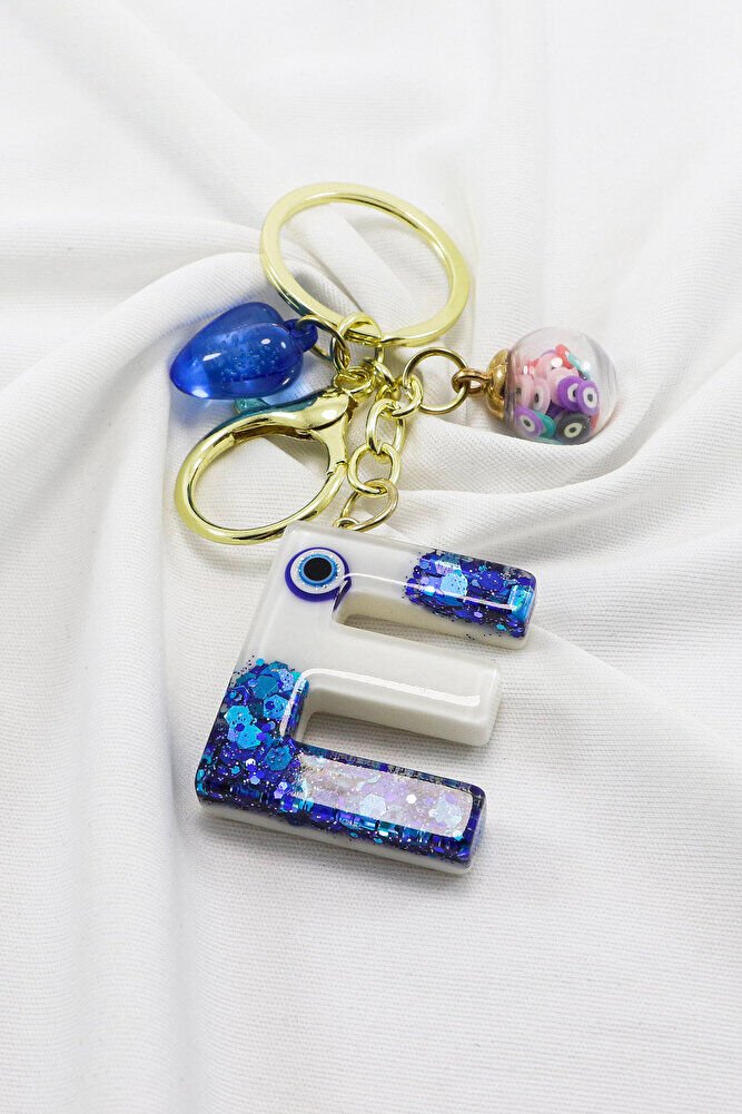 Renkli Epoksi E Harfi Anahtarlık, Hediyelik Nazarlı Çanta Süsü