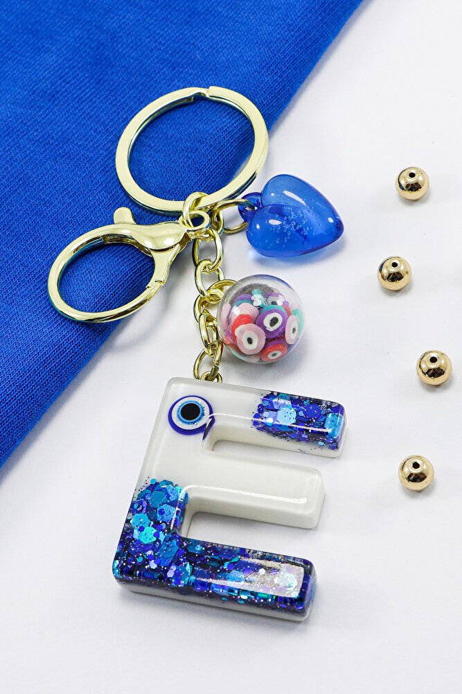 Renkli Epoksi E Harfi Anahtarlık, Hediyelik Nazarlı Çanta Süsü