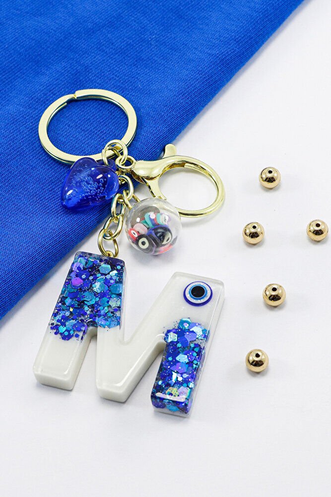 Renkli Epoksi M Harfi Anahtarlık, Hediyelik Nazarlı Çanta Süsü