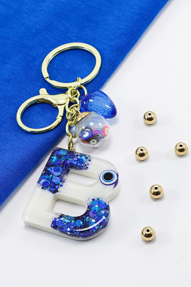 Renkli Epoksi B Harfi Anahtarlık, Hediyelik Nazarlı Çanta Süsü