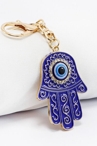 Hamsa Hand Keychain with Dark Blue Pattern and Shiny Stones, Evil Eye Bag Ornament for Gift