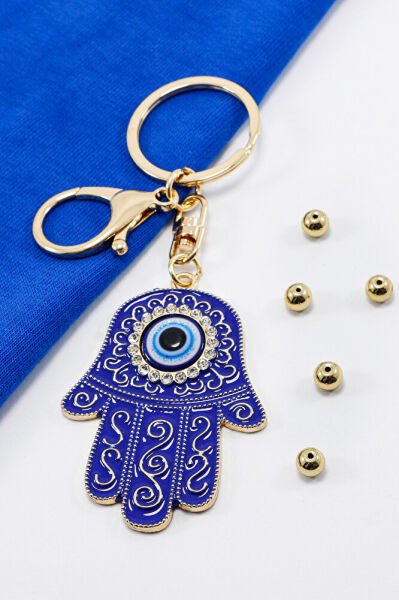 Hamsa Hand Keychain with Dark Blue Pattern and Shiny Stones, Evil Eye Bag Ornament for Gift