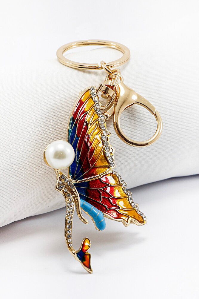 Renkli İncili Parlak Taşlı Zincirli Kelebek Anahtarlık, Hediyelik Çanta Süsü