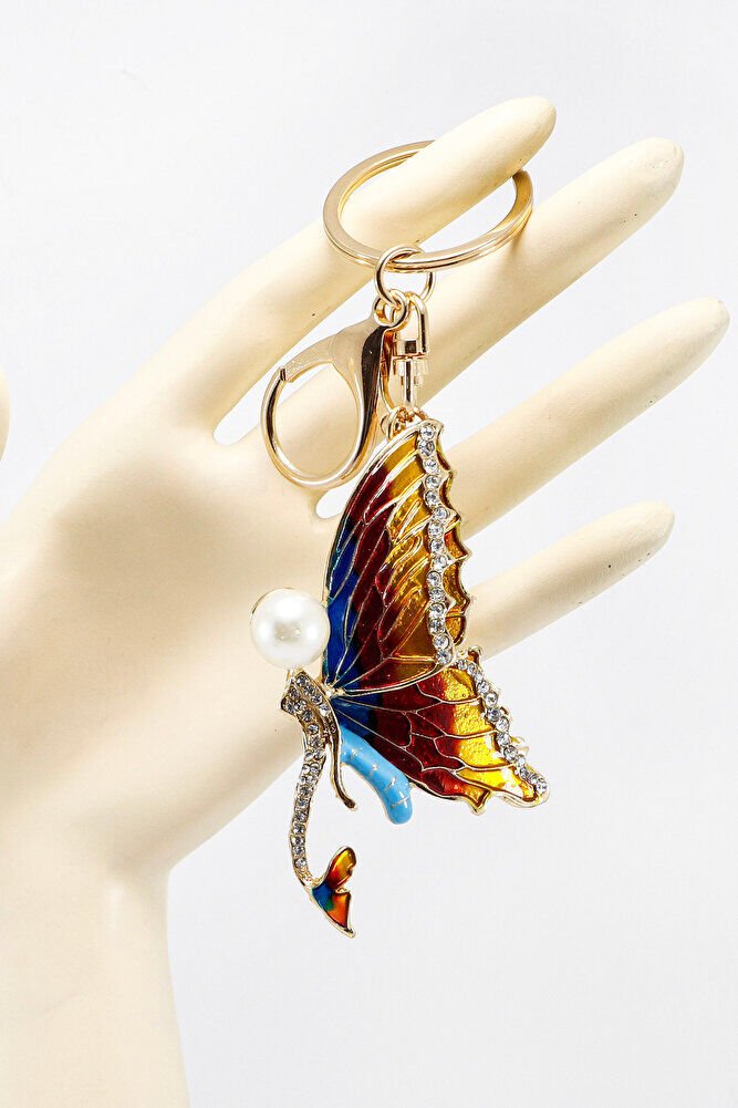 Renkli İncili Parlak Taşlı Zincirli Kelebek Anahtarlık, Hediyelik Çanta Süsü