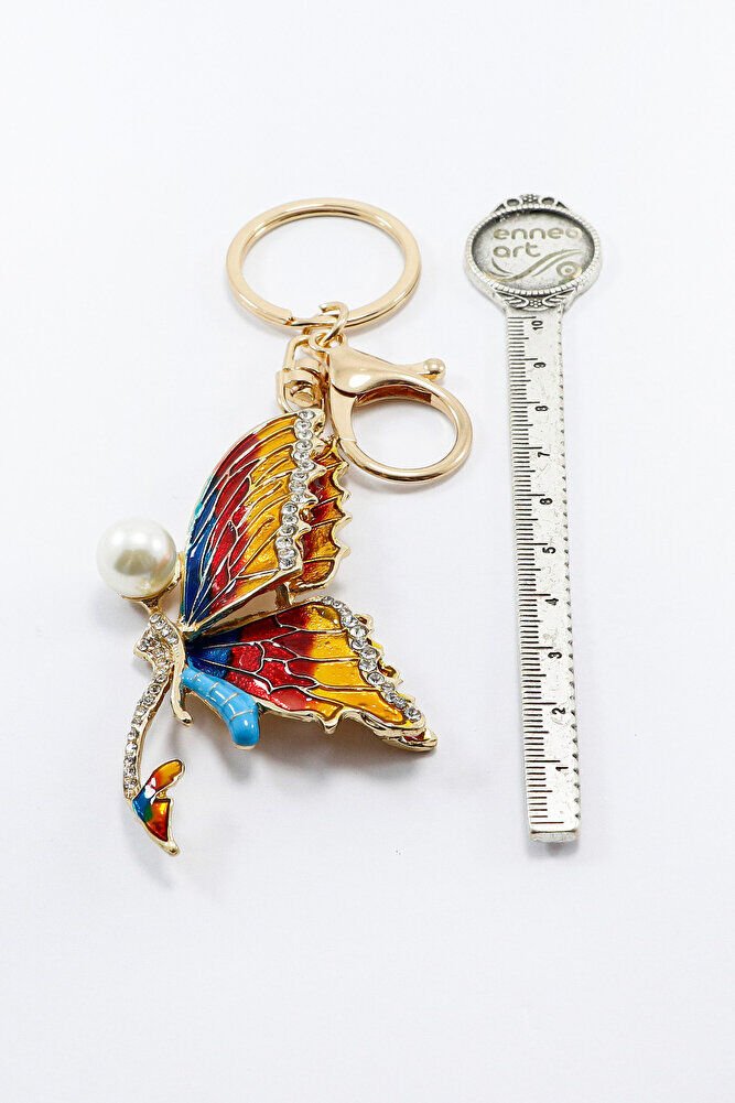 Renkli İncili Parlak Taşlı Zincirli Kelebek Anahtarlık, Hediyelik Çanta Süsü
