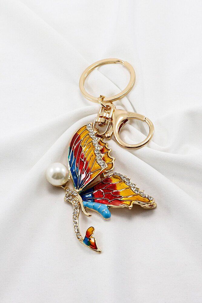 Renkli İncili Parlak Taşlı Zincirli Kelebek Anahtarlık, Hediyelik Çanta Süsü
