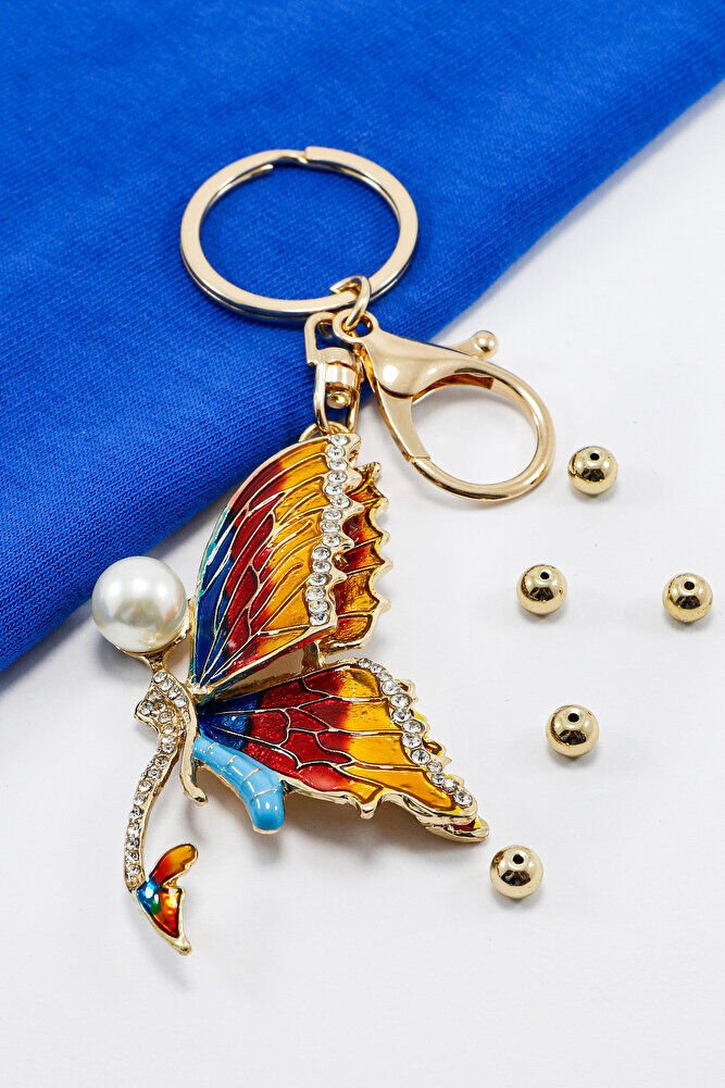 Renkli İncili Parlak Taşlı Zincirli Kelebek Anahtarlık, Hediyelik Çanta Süsü