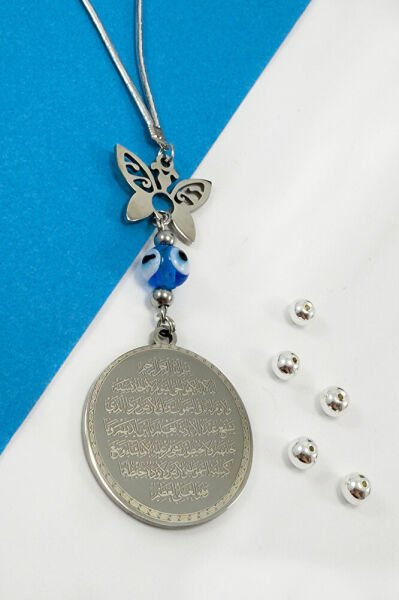 El Yapımı Cam Nazar Boncuklu Komple Paslanmaz Çelik Ayetel Kürsi Felak Nas İhlas Oto Ayna Süsü